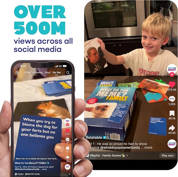 WHAT DO YOU MEME? Family Edition by Relatable - Nappa Award 2025 Winner, Family Games for Kids and Adults 8+, The TikTok Viral Sensation Kids Game - Includes 300 Caption Cards, 108 Photo Cards