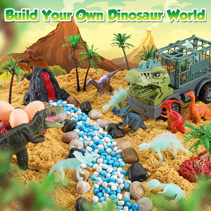 FRUSE Dinosaur Sensory Bin with Dinosaur Toys and 2.2lbs Play Sand for Kids | Play Sand Art Kit, Sandbox with Lid, Glow in the Dark Dinosaurs, Dino Magnifying Glass, Sand Toys, Learning Toys, Kids Gifts
