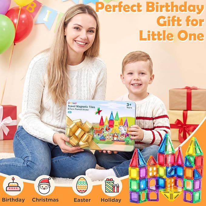 URMYWO Magnetic Building Tiles, Magnetic 3D Blocks Construction Playboards | 46 Pcs, STEM Creative Educational Toys for Kids Ages 4-8, Preschool Kindergarten Game, Farm Theme, Boy Girl Birthday Gifts