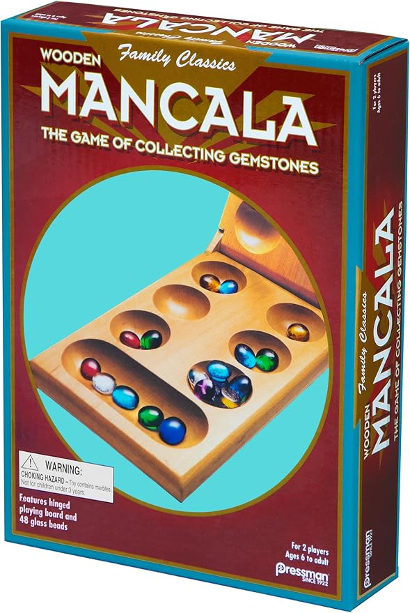 Pressman Mancala Board Game | Fun Classic Table for Adults & Kids | Includes 48 Glass Mancala Stones and Wood Hinged Playing Board | 2 Players, Ages 6+