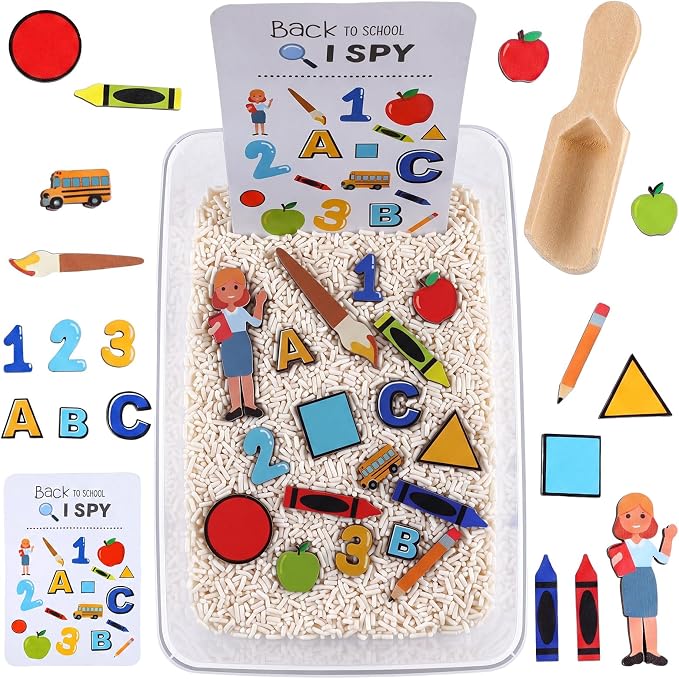 Beeveer 22 Pcs Sensory Bin Fillers for Kids Back to School Sensory Toy Kit Counting Sorting Fine Motor Toys with Simulated Sugar, Bin, Wood Chip and Spoon for Girl Boy Preschool Education Activities