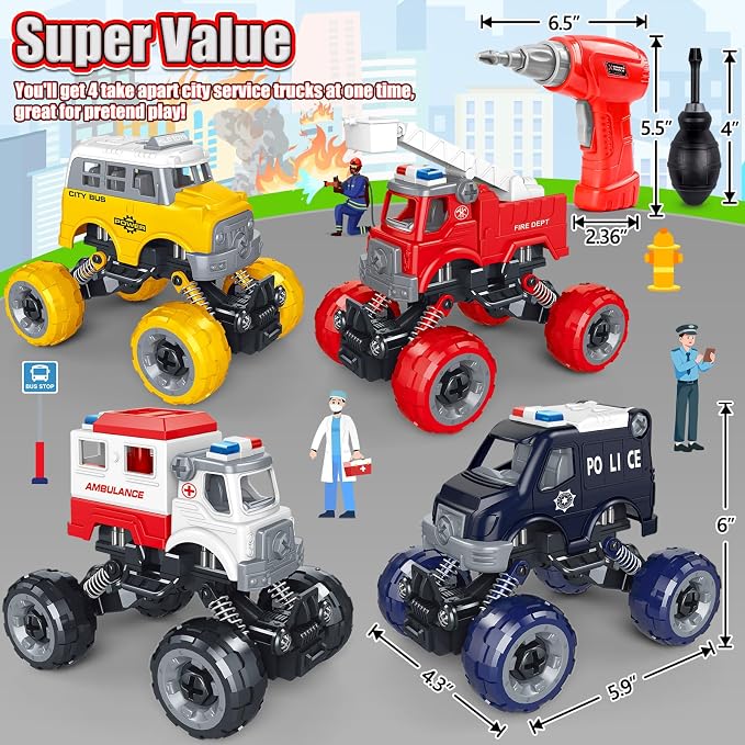 LUDILO Take Apart Toys for 6 Year Old Boy Gifts Kids Boy Toys Age 4-6-8 | 4PCS City Bus Ambulance Police Car Toy Fire Truck/Stem Assembly Electric Drill/Bday Gifts Toys for 3 4 5 6 7 Year Old Boys