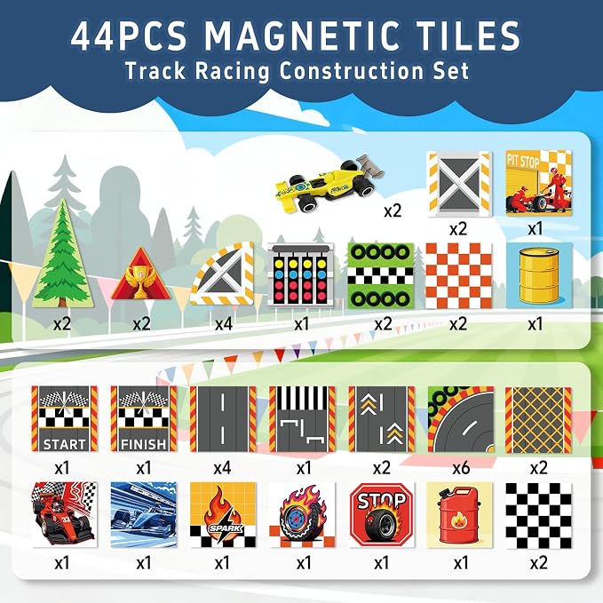 Magnetic Tiles Magnetic Building Blocks for Kids Ages 3-5 4-8, STEM Montessori Preschool Classroom Must Haves, Toddler Sensory Educational Toys for Boys Girls, Christmas Birthday Gift (Racing Car)