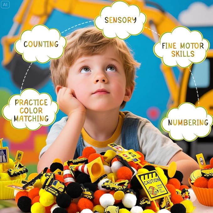 150 Pcs Construction Sensory Bin Items Construction Counting Sorting Sensory Bin Filler Fine Motor Vehicles Road Signs Counts for Easter Spring Summer Sorting Counti