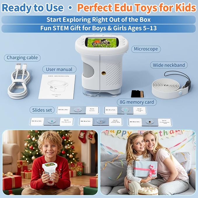 Kids Handheld Digital Microscope 1000X: Science Gift Kit STEM Toy Ages 5-13 | 8GB SD Card for Photo/video, Rechargeable, 2.4" Screen, 8 LEDs, Portable Magnifying Glass Pocket Miniscope for Girls Boys