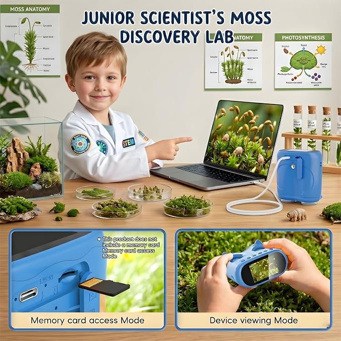 2-in-1 Kids Microscope and Telescope, 1000X Handheld Digital Microscope for Kids, 2.0" Screen, 8 LEDs, 10X Pocket Telescope for Outdoor, 1080P Camera STEM Toys Gifts for Boys Girls 4-12, Blue