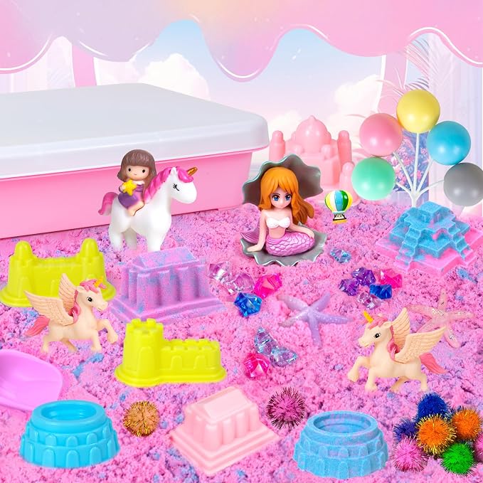 Unicorn Sensory Bins, Sensory Sandbox Toys for Girls Toddler 3 4 5 6 7 8 | Unicorn Play Sand Art Kit with Sandbox & Sand Castle Molds & Tools, Great Gift for Kids Toddlers Christmas Birthday
