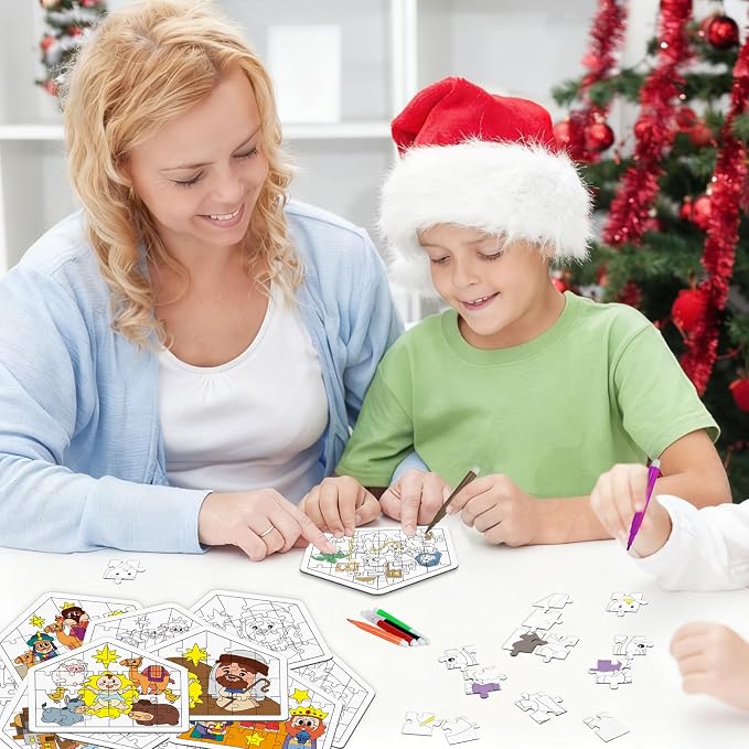 Cinrobiye 24 Pcs Christmas Nativity Coloring Puzzle Craft,DIY Jesus Religious Paper Crafts Make a Nativity Scene Sticker for Christian Holy Night Sunday School Church Classroom Holiday Art Project