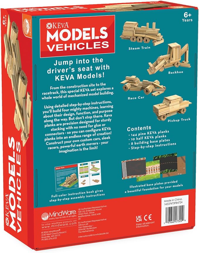 MindWare KEVA Models Vehicles - 154 Wooden Building Planks & Step-by-Step Instructions to Build Iconic Vehicles