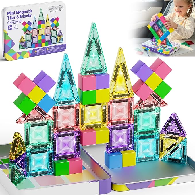 Magnetic Tiles Travel Toys Kids: 48PCS 3-in-1 Journey Blocks Set | Dual-Base Tin Holds 600+ Builds 120 Mins Focus 60s Cleanup - Quiet STEM Car Airplane Games for Toddlers Boys Girls Ages 3-8