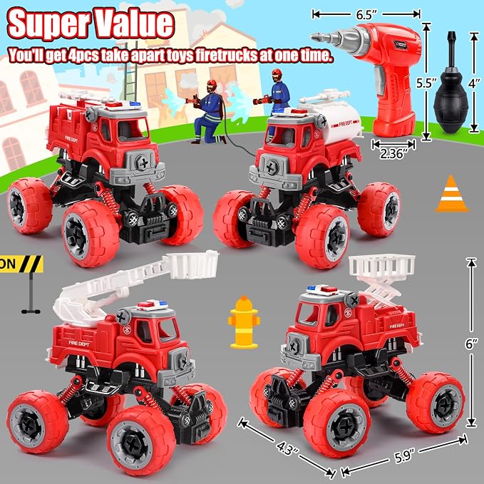 LUDILO Fire Trucks Toddlers 3-5 Take Apart Toys Gifts 3 4 5 Year Old Boys | 4PCS Kids DIY Assembly Firetruck/Electric Drill/Toddler Stem Building Fire Truck Toys 3 4 5 Year Old Boys Birthday Gift Xmas