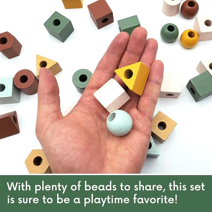 Blu Jay Wooden Lacing Beads & Strings 125 Pieces, Fine Motor Skills Toys for 3 Year Old, Fine Motor Toys, Toy Lacing Beads for Toddlers - Boho Colors