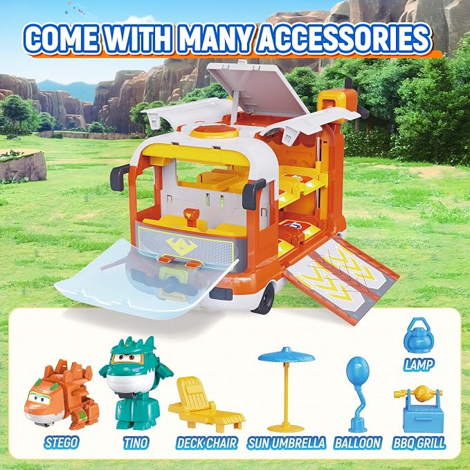 Super Wings Dinosaur Adventure Mini Base, Transforming Playset with Camping Scene & 2 Dino Bots STEGO & Tino, Season 9 Role Play Toys for Kids, Gifts for Boys & Girls Age 3+