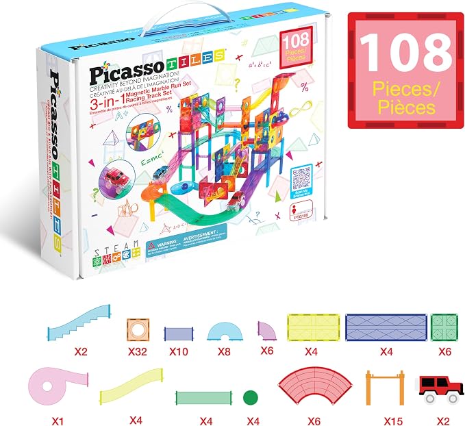 PicassoTiles 108 Piece Marble Run Race Track Set with LED Cars STEM Ages 3+ | 2 Light-Up Vehicles, 4 Magnetic Marbles, BPA-Free, Expandable Collection, Fine Motor Skills,Problem-Solving Screen-Free Toy