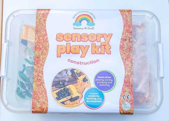 Construction Sensory Bin Kit for Kids | Taste-Safe Rice, Realistic Rocks & Logs, Wooden Tools & Vehicles – Includes Storage Bin – Montessori-Inspired Sensory Play
