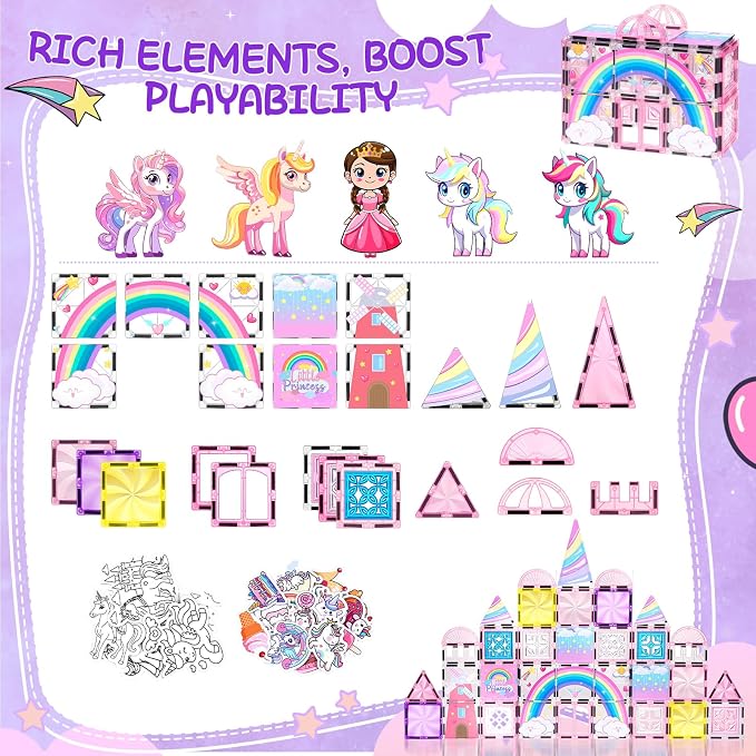Diamond Magnetic Tiles Unicorns Princess Castle with Magnetic Art Decor Kit, Unicorn Toys for Girl 3 4-6-8, Magnet Tiles for kids 4-8 5 6 7+ Girl Gifts,Magnet Toys Include 5 Dolls,Rainbow,Candy,Decors