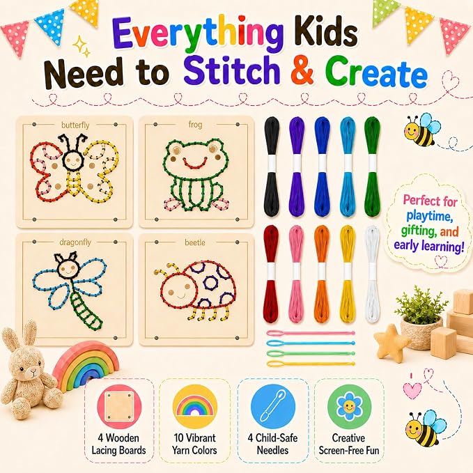 Montessori Wooden Lacing Toys for Toddlers and Kids Ages 2-4 5-7, Sewing Kit Fine Motor Skill Busy Board, Education Sensory Preschool Toy for 1 2 3 4 Year Olds, Birthday Gift for Boys and Girls