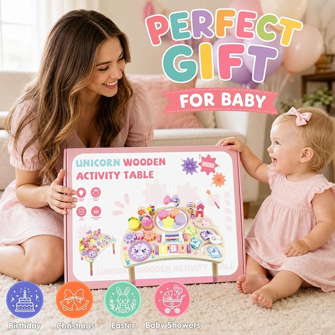 Wooden Activity Table, Montessori Busy Board for Toddlers 1-3 | Unicorn 10-in-1 Sensory Learning Toy with Bead Maze, Shape Matching, Gears, Clock — Birthday Gift for 1 2 3 Year Old Kids