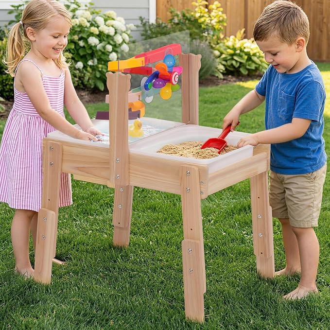 PHOKID Wooden Sensory Play Activity Table,Sand and Water Table for Toddlers,2 Sensory Bins, Acrylic Board & Water Track Toys,Montessori Kids Tables Learning Toy for Age 3+,Orignal Wood Color