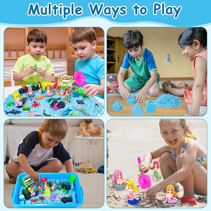 57Pcs Ocean Sensory Bin, Mermaid Sensory Sand Toys for Kids Ages 4-8 Years | Ocean Sand Art Kit Sea Animals Molds Sandbox with Cover, Kids Play Sand Toys Playsand Birthday Gift for Boys Girls 3-5 6 7 8