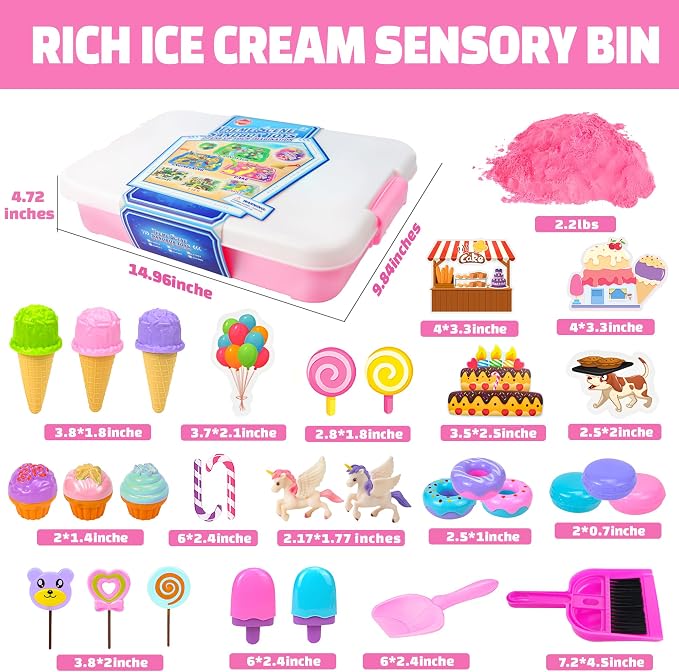 Play Sand Kit - Ice Cream Sensory Bin Toy for Kids with 2.2lb Magic Sands, Ice Cream Molds and Cleaning Tools, Unicorn Tactile Toys for Kids 3-8