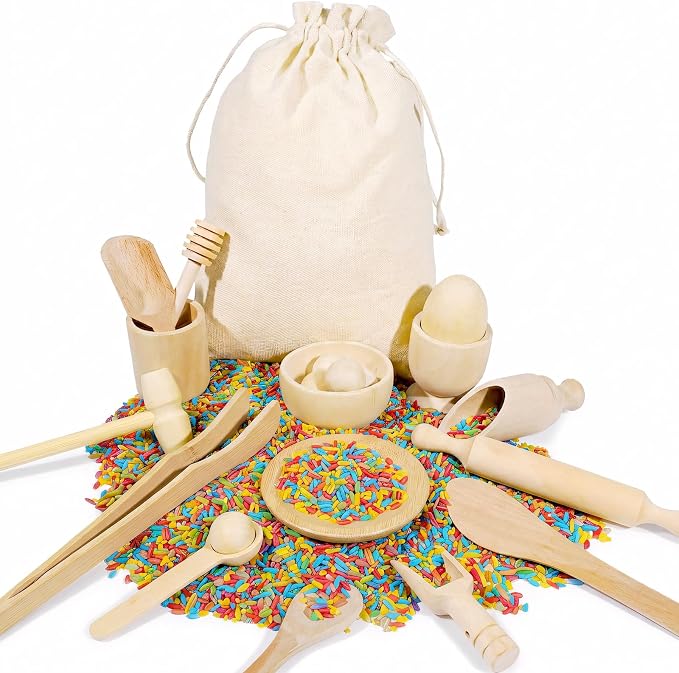 Hiawbon 25PCS Wooden Sensory Bin Tools for Toddlers Sensory Bin Filler | Wooden Pretend Play Sensory Tools Montessori Sensory Wooden Toys Fine Motor Learning Toys for Counting Sorting