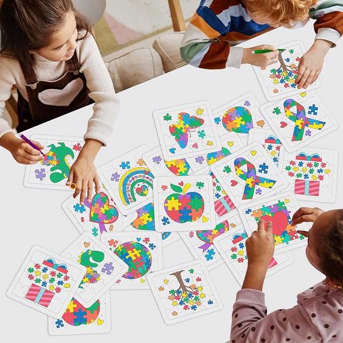 Cinrobiye 24 Pack DIY Coloring Puzzle Craft Kit, Color Your Own Blank Puzzle Set, Puzzle Art Activity for Classroom Crafts, Group Projects, Party Favors, Therapy Activities and School Supplies