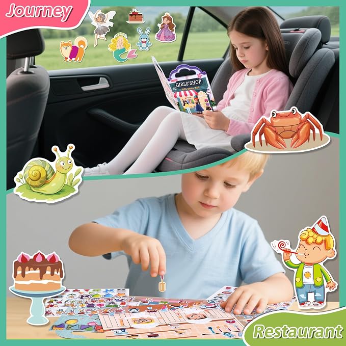 6 Set Puffy Sticker Book, Reusable Sticker Books for Toddlers | 260pcs Fairytale+Garden+Princess Party+Mermaid+Kids Zone+Girls' Shop, Travel Toys Book for Kids Ages 3+