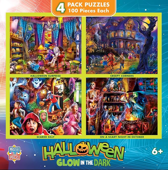 MasterPieces – Jigsaw Puzzle Set for Kids 6+ Years, 4-Pack of 100 Pieces, Educational and Fun Game, Halloween Glow in the Dark Collection, Gift Idea for Children, 8" x 10"
