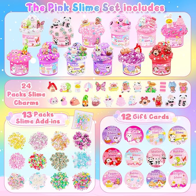12-Pack Pink Slime Kit for Girls, Butter Cloud Squishy Party Favor Set | Goodie bag stuffers, Easter basket fillers, classroom prizes and sensory slime toys with clear slime for kids ages 4-10