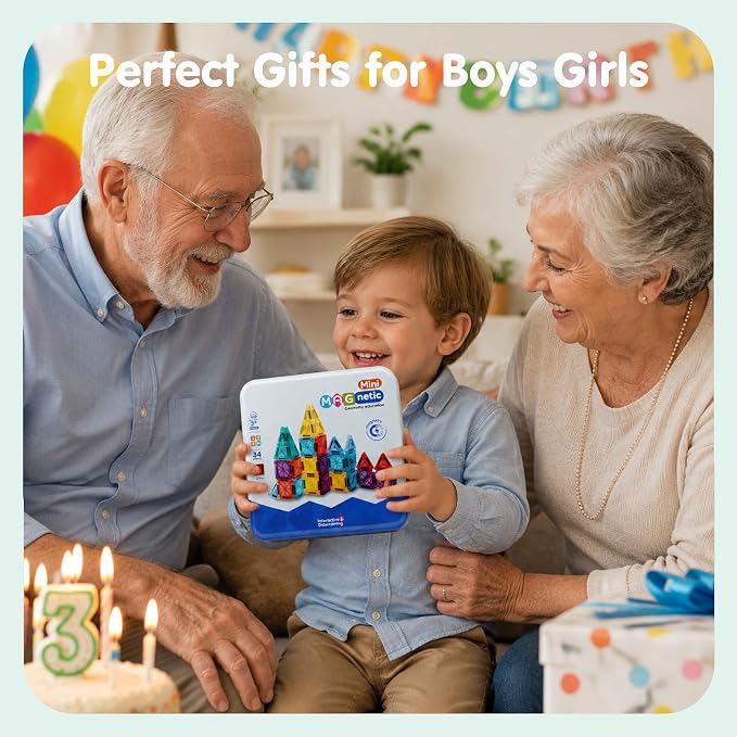 34 PCS Travel Magnetic Tiles with Metal Storage Box, Mini Magnetic Building Tiles,Screen-Free STEM Learning Toy for Kids Ages 3-8 Christmas Birthday Gifts