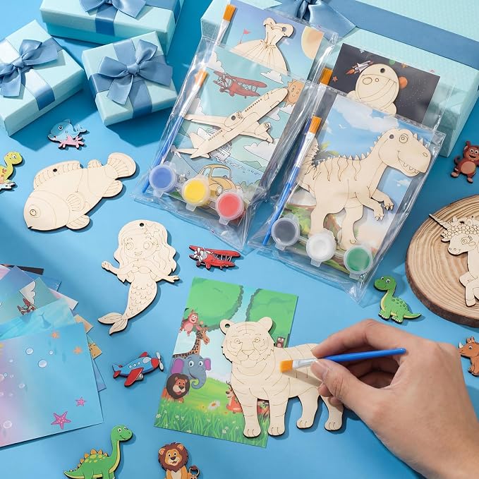 Saypacck 24 Pcs Animal Theme Party Favors Wooden Paint Craft Kits | Princess Unicorn Fairy Cowgirl Themes, With Brush Organza Bag, Ideal for Kids Girls Birthday Party Goodie Bag Fillers
