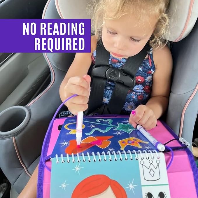 Totebook Kids Travel Activity Kit with Tethered Dry Erase Markers - Mess Free Car & Plane Activities for Toddlers Ages 4-6, Reusable Stickers, Mazes, Search and Find (Princess Theme)