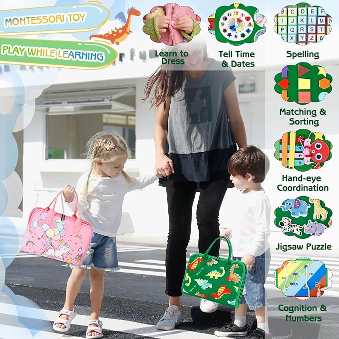 Esjay Busy Board Montessori Toys for Boys and Girls, Sensory Book Educational Activities for Learning Fine Motor Skills, Birthday Gifts, Travel Toys for Airplane Car, Green Multipages