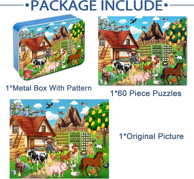 LELEMON Puzzles for Kids Ages 4-6,60 Piece Puzzles for Kids in a Metal Box | Farm Educational Jigsaw Puzzles Kids Puzzles,Childrens Puzzle Games Puzzle Toys for Girls and Boys