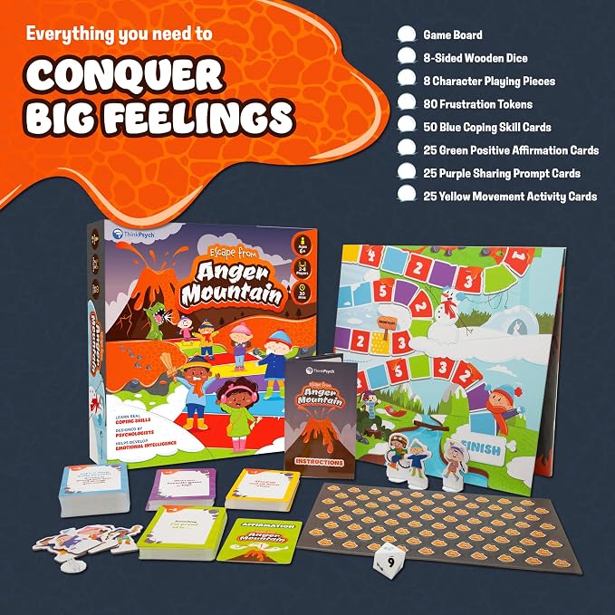 ThinkPsych Escape from Anger Mountain Board Game | Anger Management Game for Kids Ages 6+ | Coping Skills and Emotional Regulation | Therapy Game for Kids | 2-8 Players