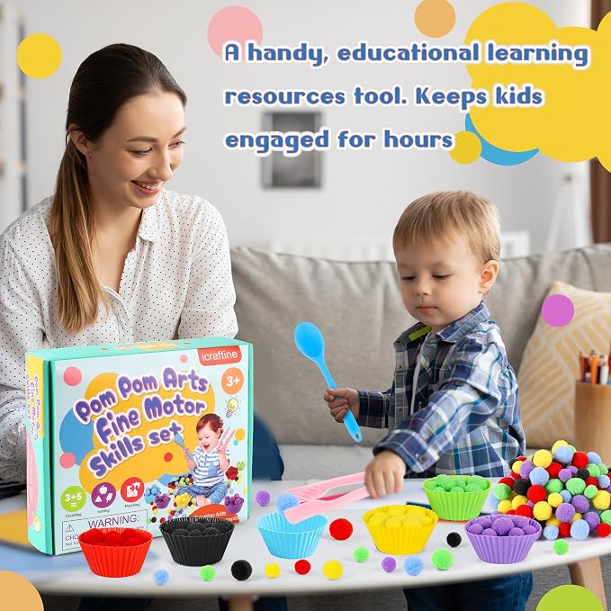 158 PCS Fine Motor Skills Set | 150 Pom Poms, 6 Sorting Bowls, Tweezers, Spoon, Sensory Bin Filler for Preschool Kids Counting, Sorting, Matching Training Ac