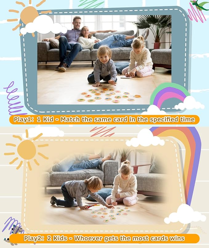 Wooden Memory Game for Kids, 24 Dinosaur Matching Cards | Educational Preschool Toy with Smooth-Edged Tiles Develops Focus, Recall and Visual Recognition for Classroom and Family Play