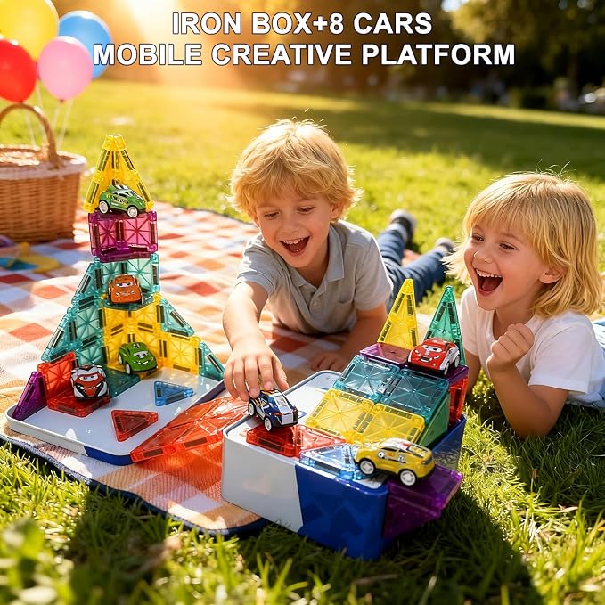 Mini Magnetic Tiles 62 PCS with 8 Metal Cars Travel Magnetic Building Tiles with Storage Box Magnet Toy for Kids STEM Educational Set Construction Toys Boys Girls Toddlers Birthday Gifts 3 4 5 6 7 8
