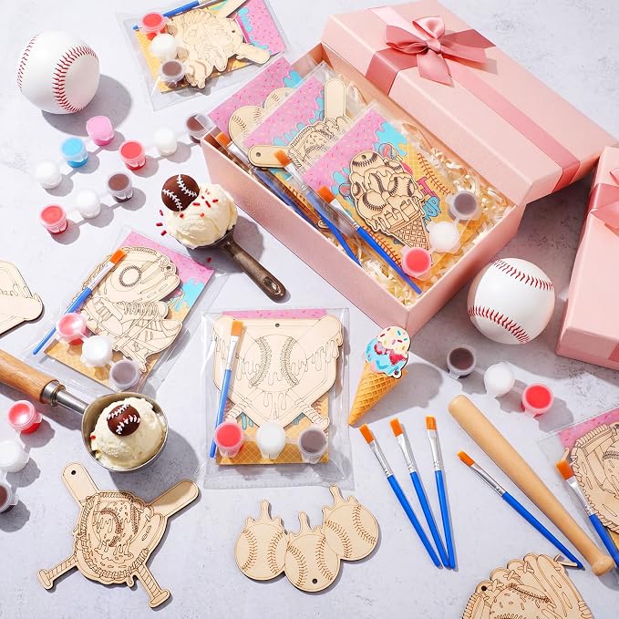Saypacck 24 Pcs Ice Cream Drip Baseball Party Favors Wooden Paint Craft Kit | Birthday Party Supplies with Paint Brushes, Wooden Craft for Goodie Bag Fillers, Thank You Gifts with Organza Bags