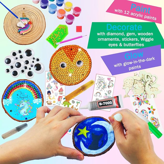 KIRKOTOY Wooden Painting Crafts Kit for Kids with Glow in The Dark | 24 Wood Slices, Arts and Crafts for Kids Ages 6-12, Party Activities Paint Kits, Creative Birthday Gifts for Boys Girls