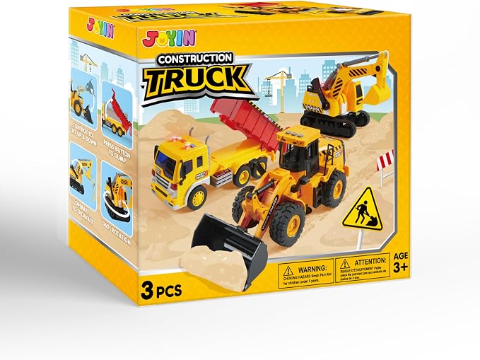JOYIN 3 Pack Construction Toy - Excavator, Dump Truck and Loader, Moveable Claw & Lifting Back, Construction Truck Toy, Birthday Gift for Boys Kids