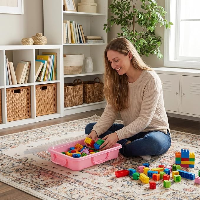 3 Pack Plastic Sensory Bins with Handle, 15 Stickers | Portable Clear Lid Sandbox Container, Large Sand Water Play Tray Crafts Organizers for Sand, Water, Beads
