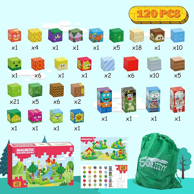 SKTMYY Magnetic Blocks-120pcs Game Magnetic Building Blocks for Kids Ages 4-8, STEM Sensory Magnet Blocks Cubes Toys for Toddlers Boys & Girls