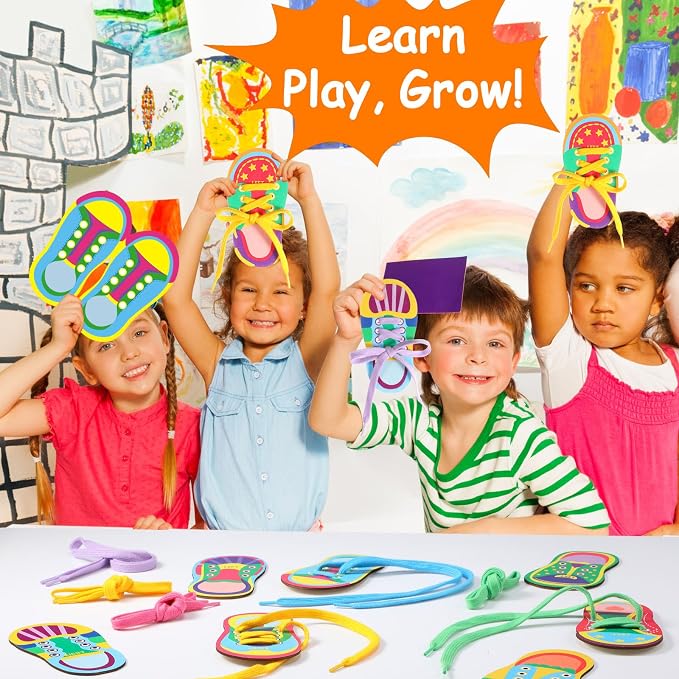 Capoda 9 Sets Back to School Lacing Cards Shoes Educational Threading Toy for Classroom Wooden Lacing Card Toys with Colorful Threads for Develop Imagination Early Education and Learning Activity