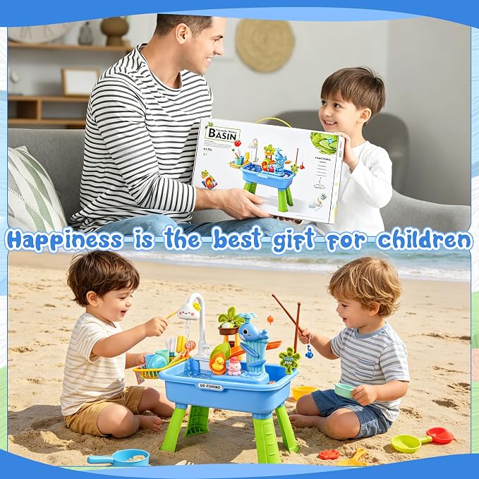 2027 Upgraded 4-in-1 Water Table for Toddlers 1-3, Kids Sensory Table with Electric Water Pump & Faucet, Kitchen Play Sink Toys with Food Accessories, Fishing Toy