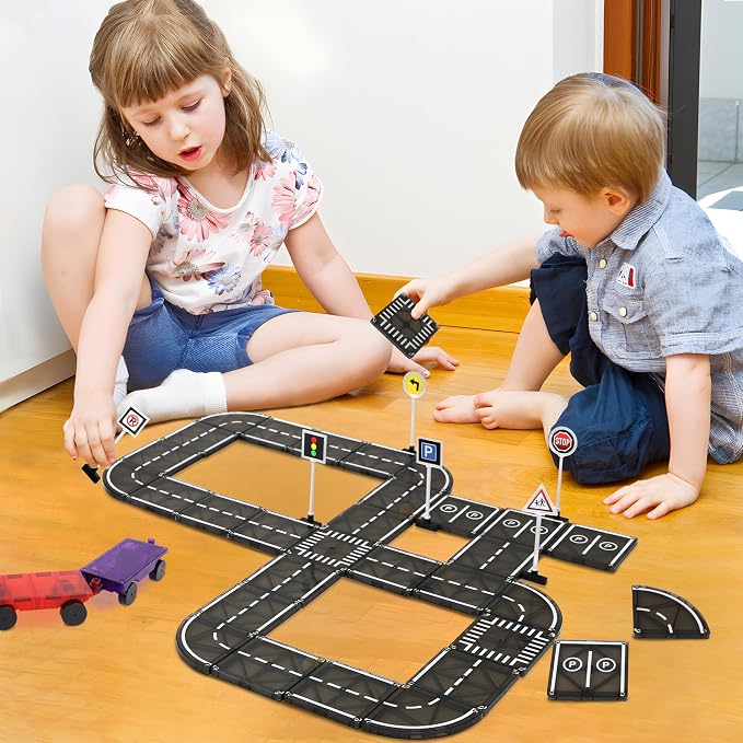 Playmags Magnetic Tiles Road Set - 50 Pcs STEM Educational Construction Toy Car Track, Building Blocks Magnet Toys for Toddlers, Safe for Ages 3+
