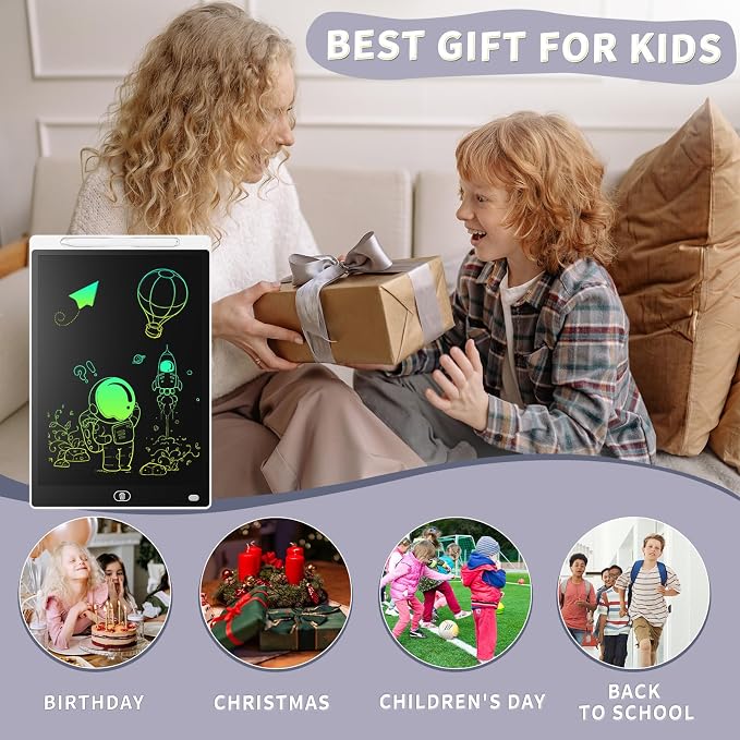 Genialba LCD Writing Board 10 Inches, Colourful Electronic Tablet, Portable Erasable Drawing Board, Graphic Tablet for Children's Games 3 4 5 6 7 Year Old Kid Boys Girls (White)