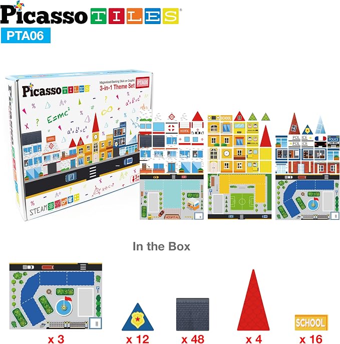 PicassoTiles 80pc School, Hospital, Police Station 3-in-1 Theme Magnet Self Adhesive Backing Stick-On Puzzle Graphic Kit and Overlay Maps for Magnetic Building Blocks STEM Learning Construction Toy