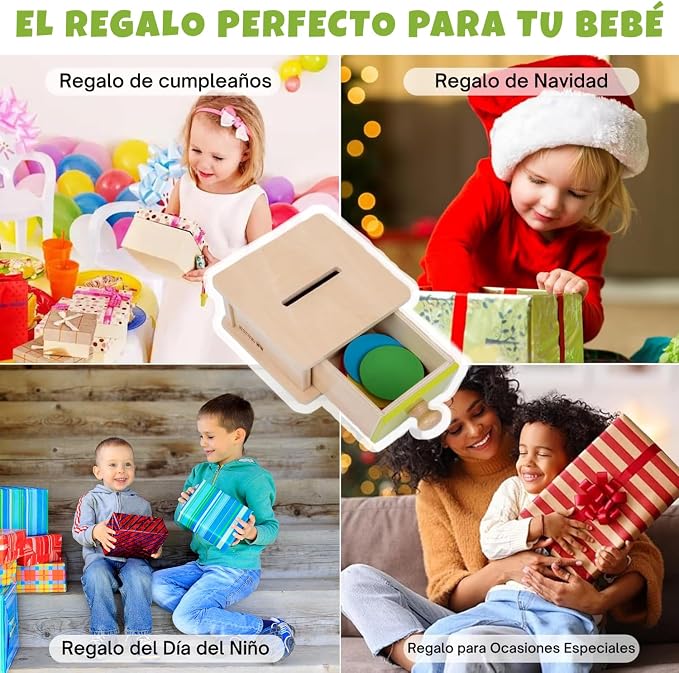 Adena Montessori Coin Box, Yellow-Green Door, 6-12m | 6 wooden coins. Flip-top door & drawer. Teaches object permanence & fine motor. Montessori toy. Gift 6-12m.